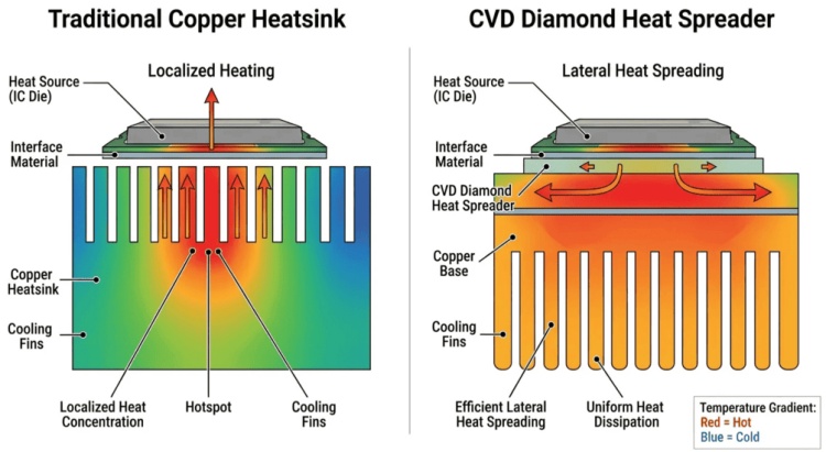 Disipador de calor de cobre tradicional frente a difusor de calor de diamante CVD
